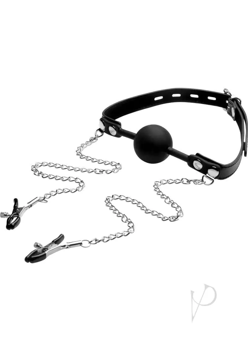 Strict Ball Gag with Nipple Clamps Silicone Black And Silver - Image 2