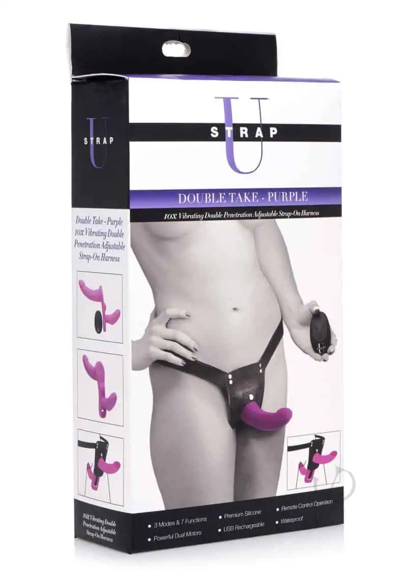 Strap U Double Take Vibrating Adjustable Strap On Silicone Rechargeable Waterproof Purple - Image 5