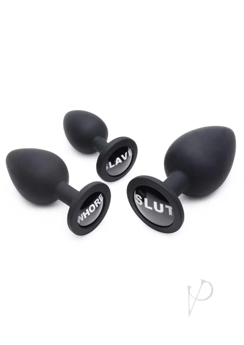 Master Series Dirty Words 3pc Anal Plug Set Silicone Black - Image 2