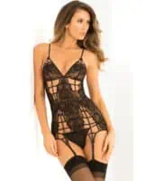 Rene Rofe Caged Lace Garter Chemise Black S/M - Image 1