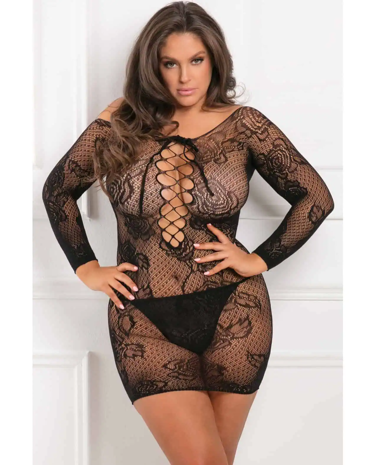 Rene Rofe Tie Breaker Long Sleeve Dress Black 1X-3X - Featured Image
