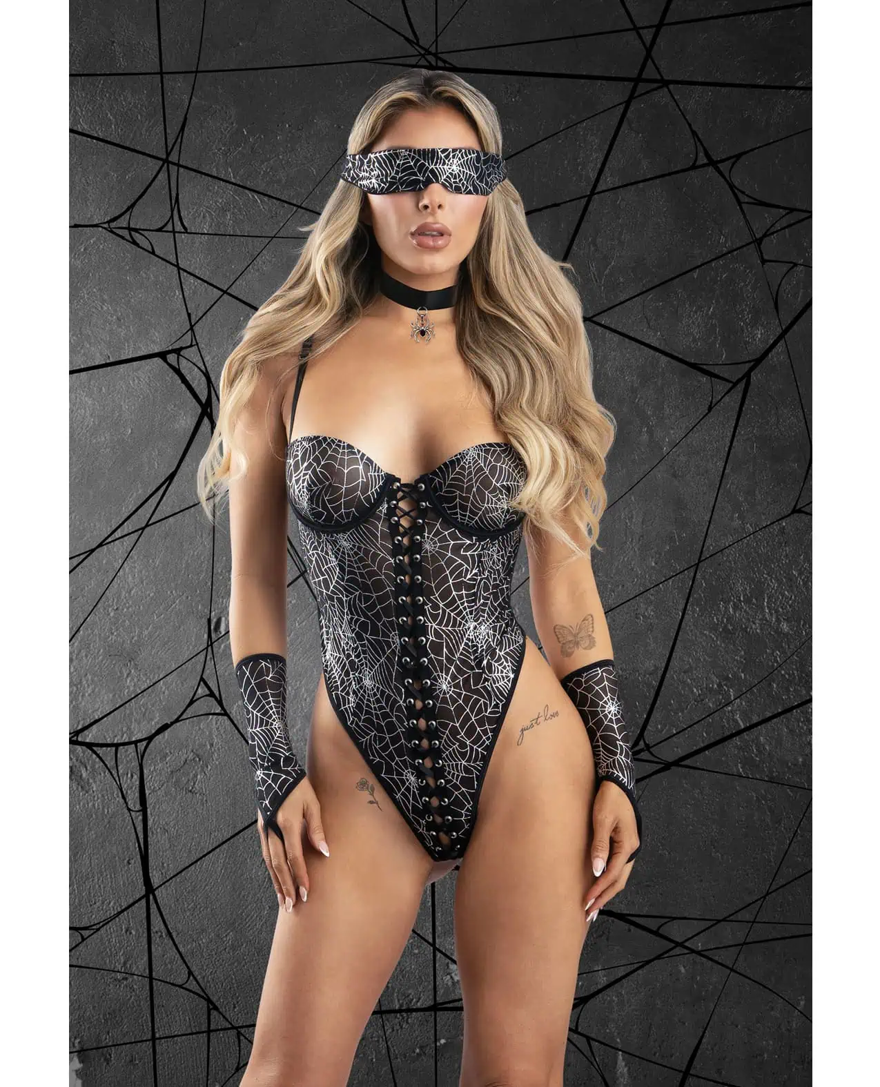 Play Into My Web Lace-up Teddy 4 pc Set - Black M/L - Image 2