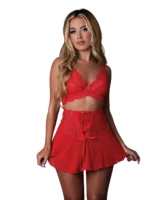 Sugar High Bralette w/Cincher Skirt & Thong 3 pc Set - Red S/M - Image 1
