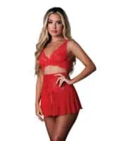Sugar High Bralette w/Cincher Skirt & Thong 3 pc Set - Red S/M - Image 2