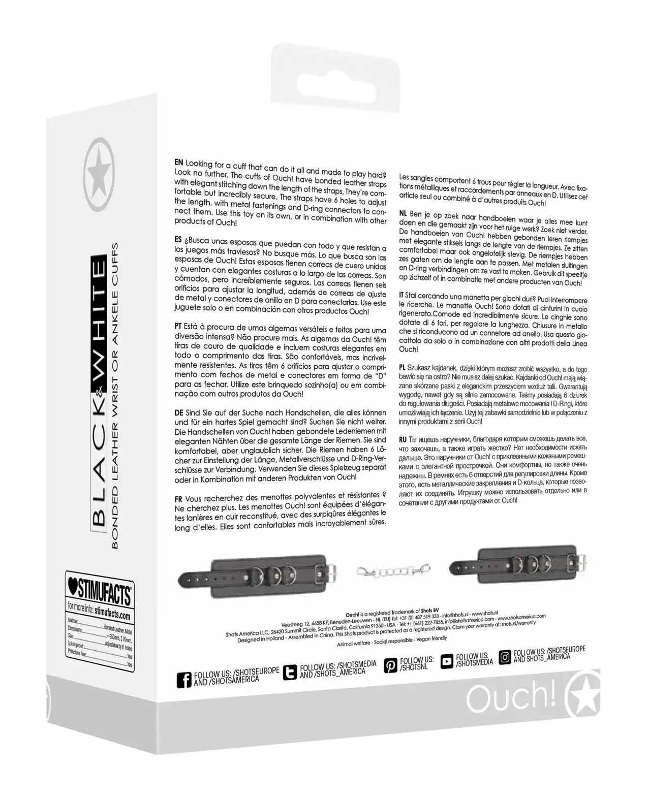 Shots Ouch Black & White Bonded Leather Hand/Ankle Cuffs - Black - Image 2