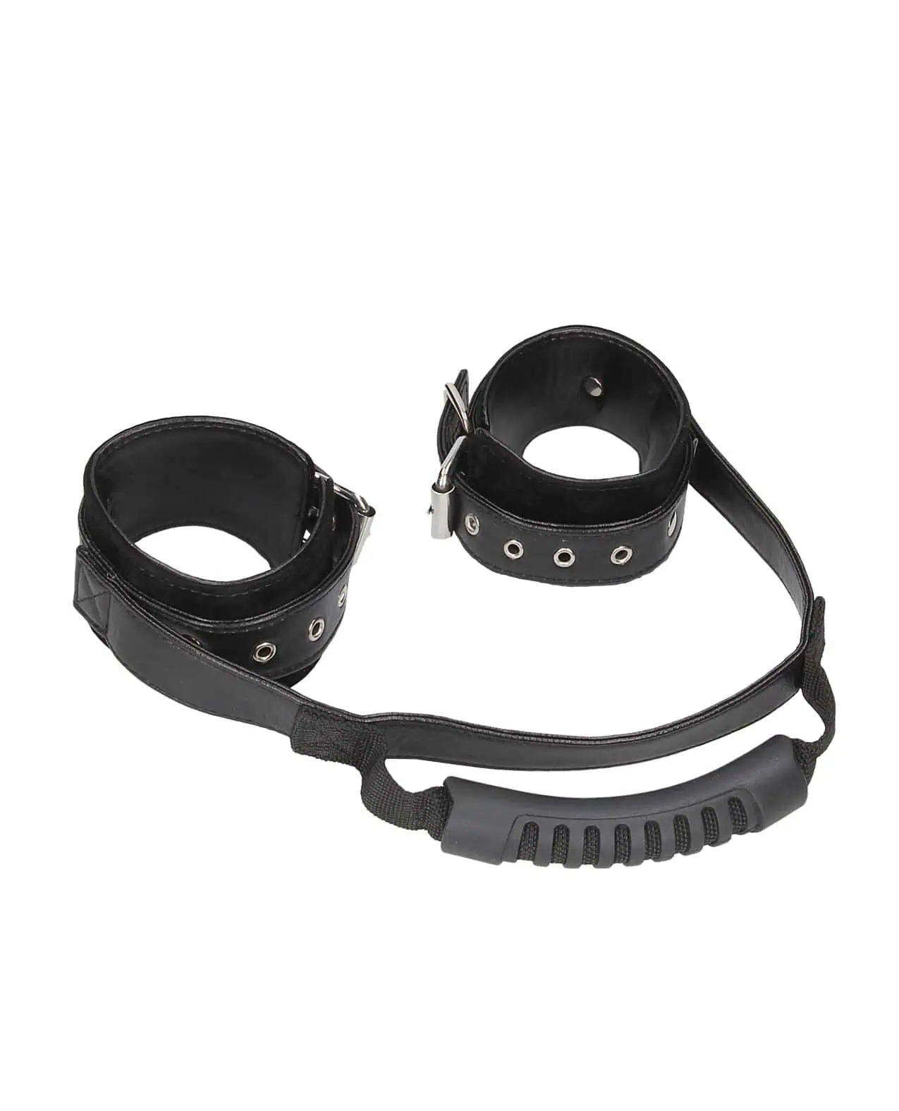 Shots Ouch Black & White Bonded Leather Hand Cuffs w/Handle - Black - Image 3