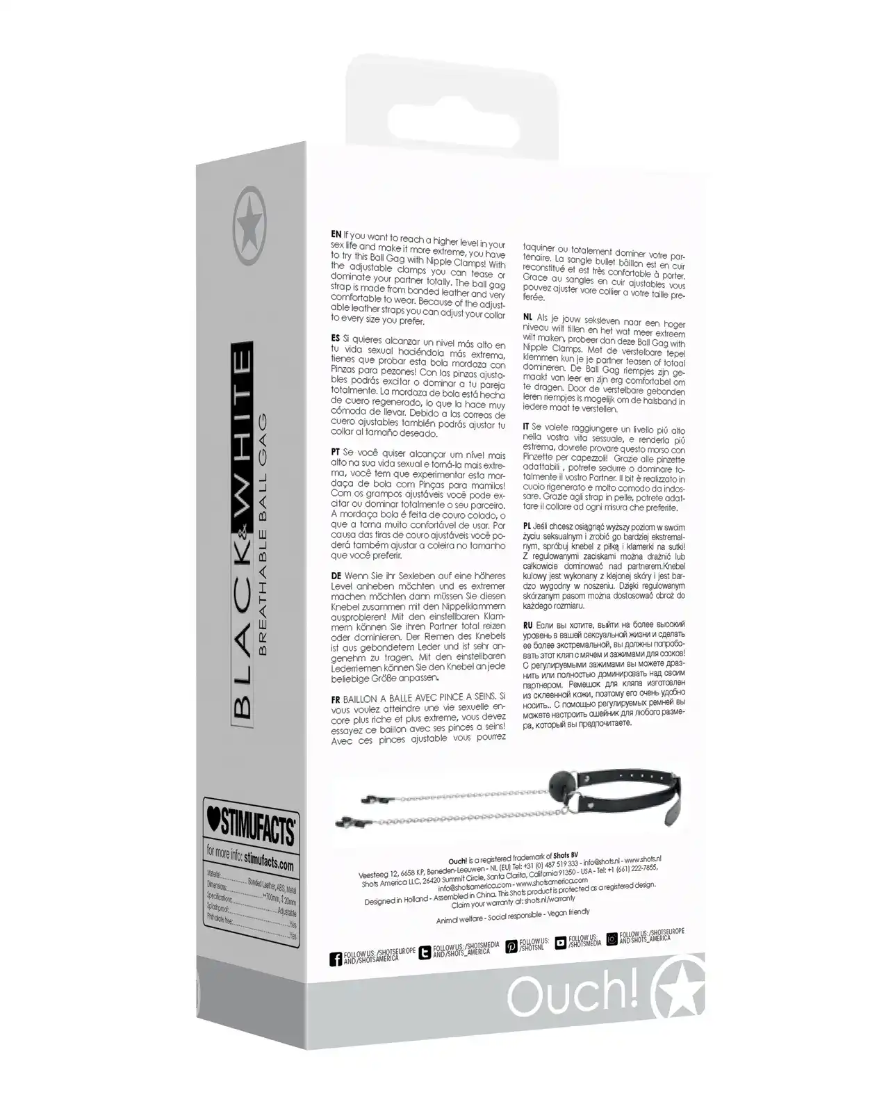 Shots Ouch Black & White Breathable Ball Gag w/Nipple Clamps - Black - Image 2