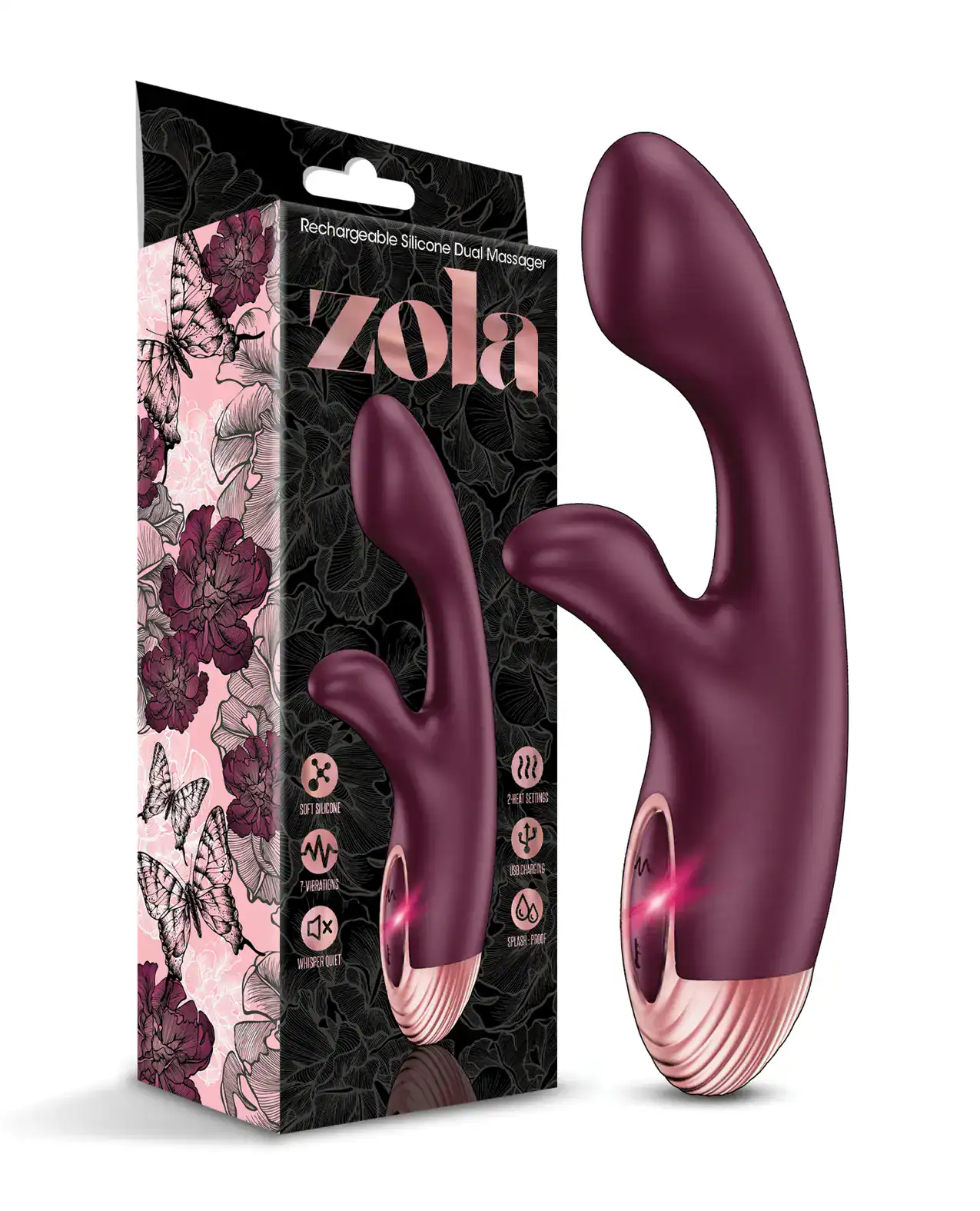 Zola Rechargeable Silicone Dual Massager - Burgundy/Rose Gold - Image 2