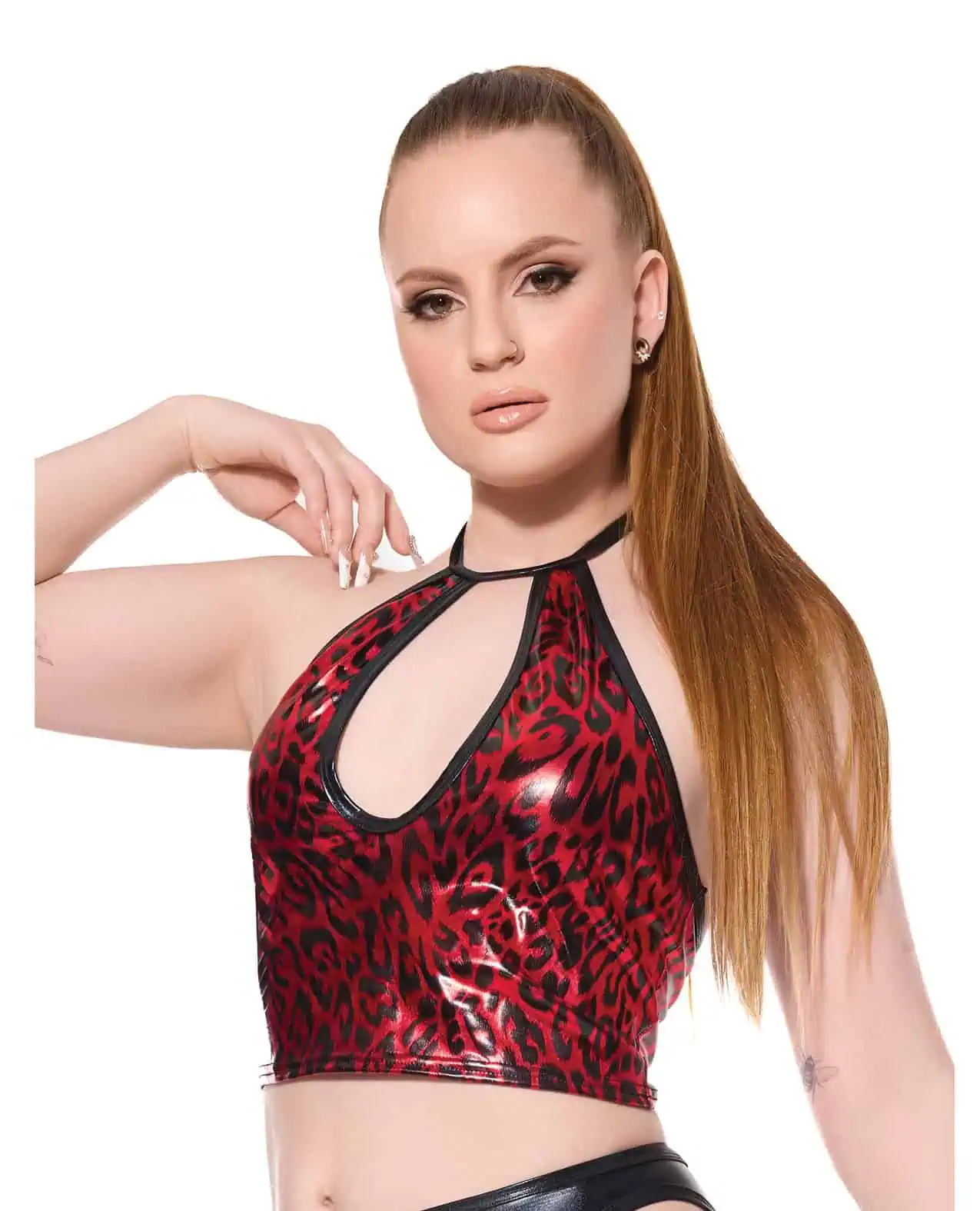 Darque Metallic Wet Look Keyhole Halter Top - Red/Black XL - Image 2