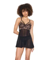 Lace and Mesh Underwire Babydoll w/Thong - Black/Rose Gold LG - Image 1
