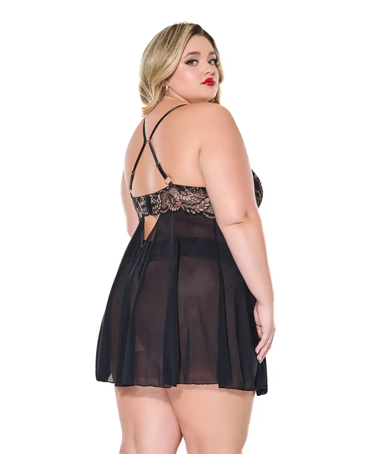 Lace and Mesh Underwire Babydoll w/Thong - Black/Rose Gold 1X/2X - Image 2