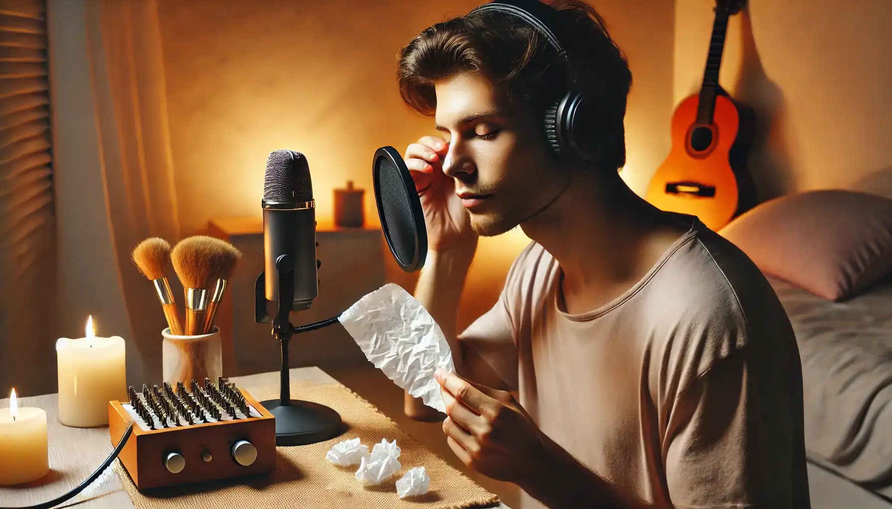 A man practicing ASMR by crinkling a sheet of paper near a microphone.