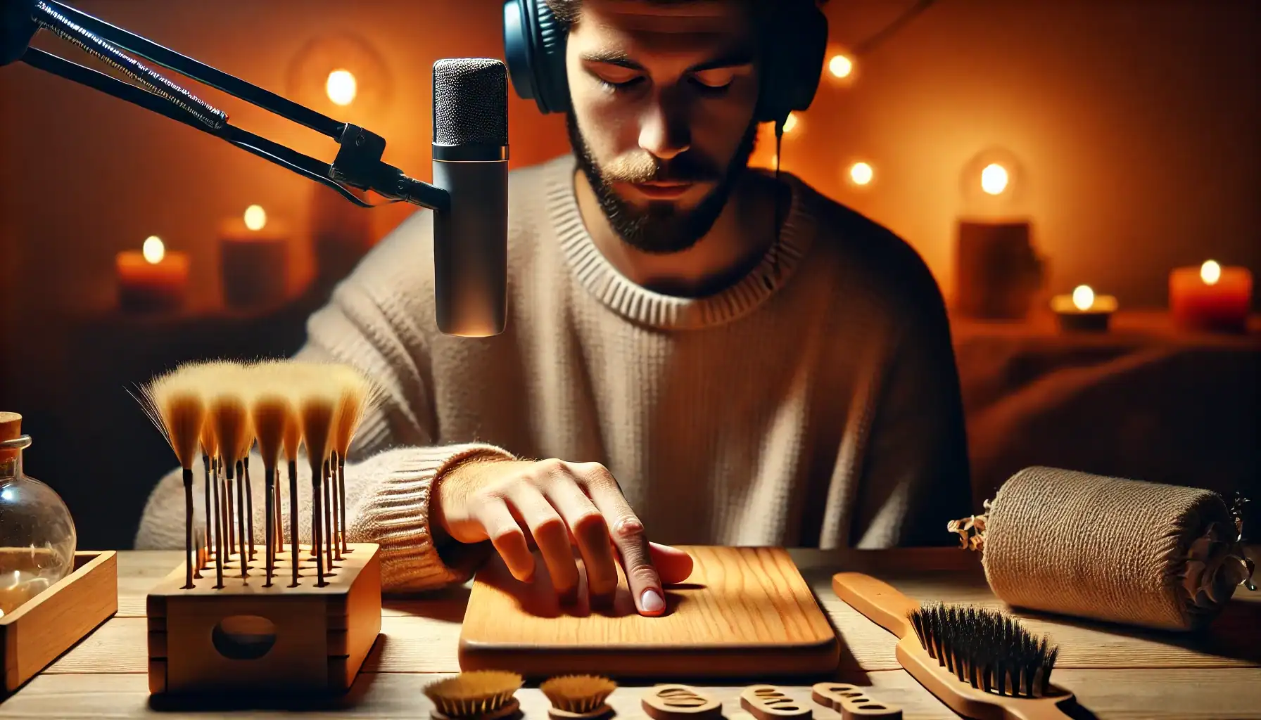 A person practicing ASMR by tapping on a wooden surface