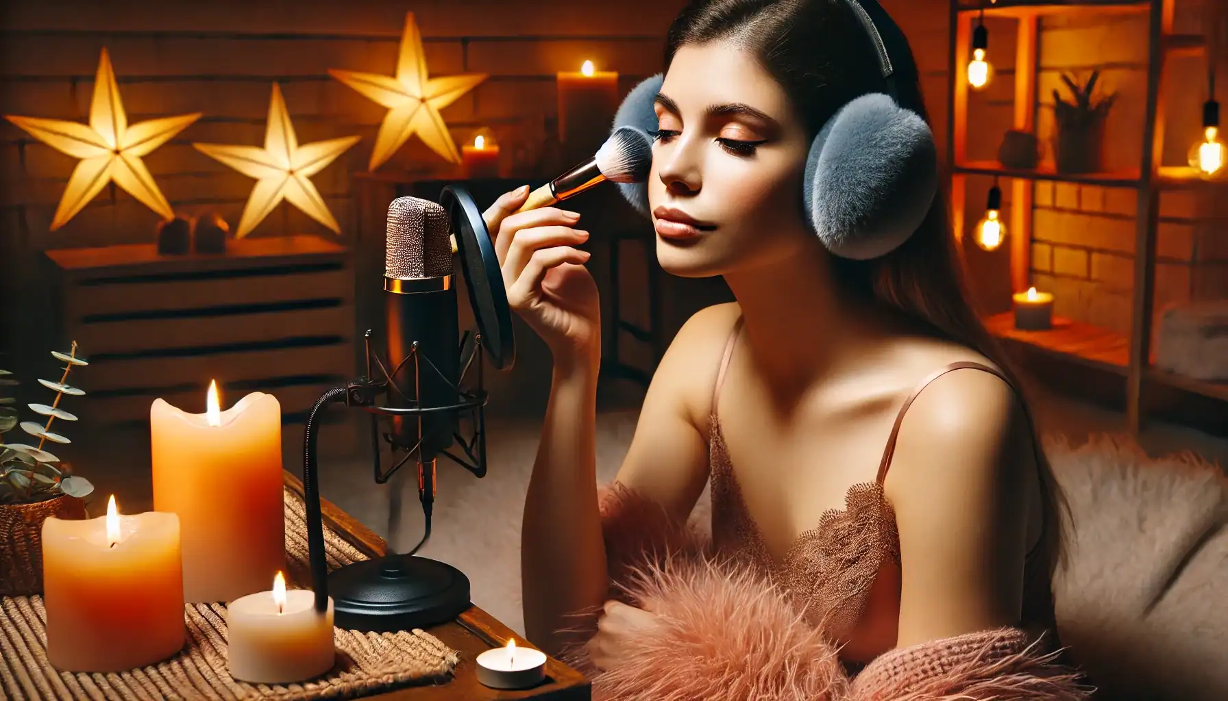 A woman practicing ASMR by brushing a microphone with a soft makeup brush