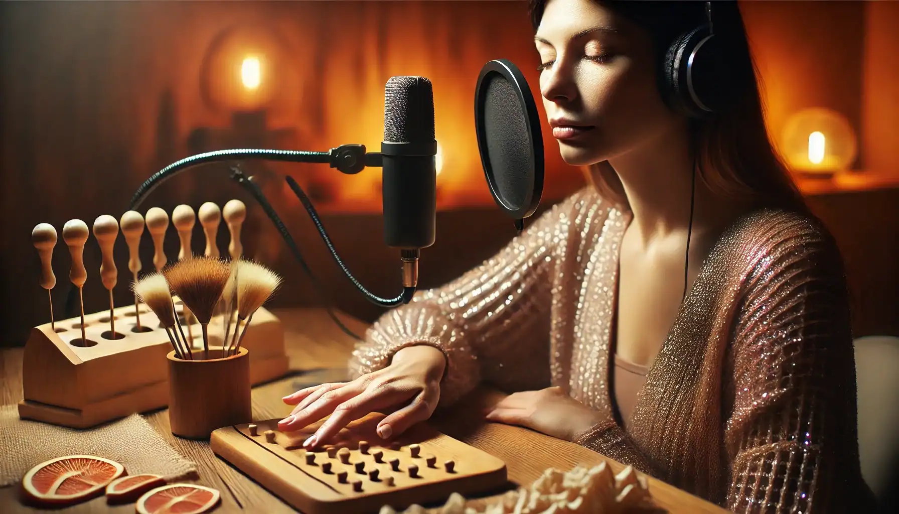 A woman tapping on a wooden surface with her fingertips.