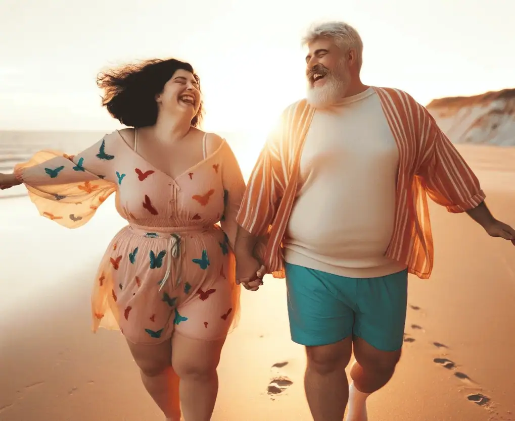 Couple holding hands and walking on the beach