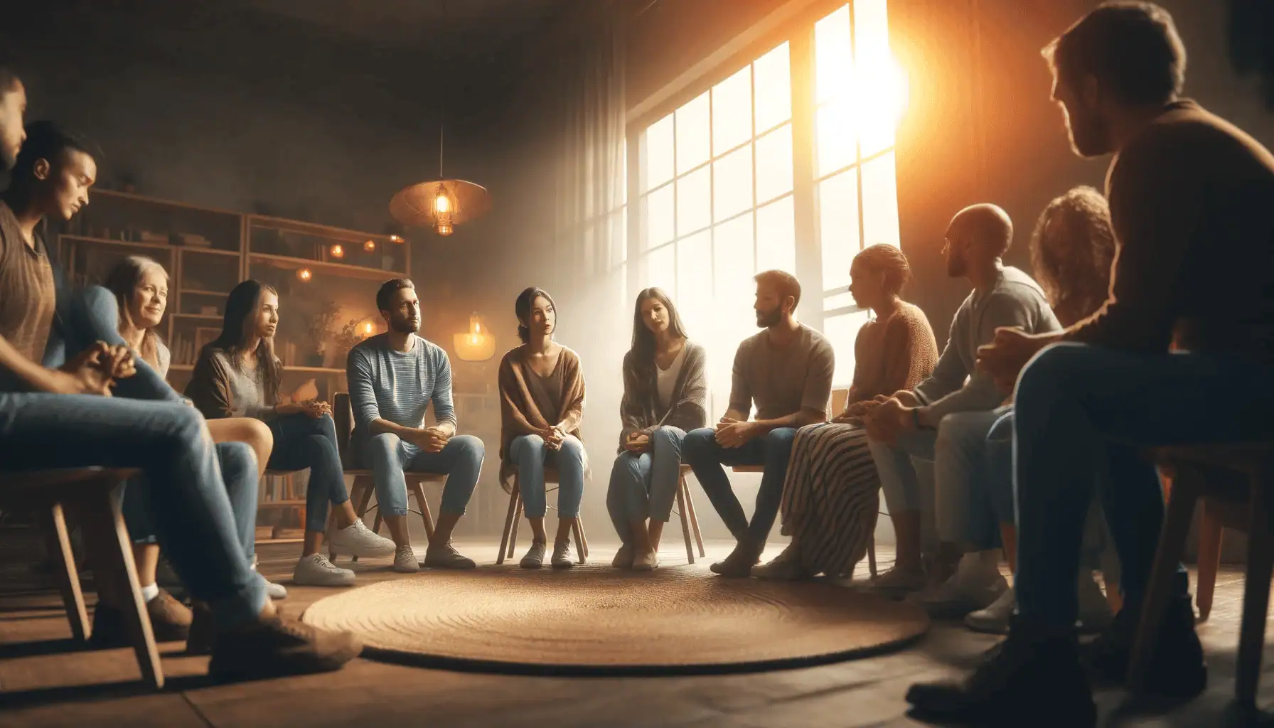 Artistic representation of individuals sharing experiences and supporting each other