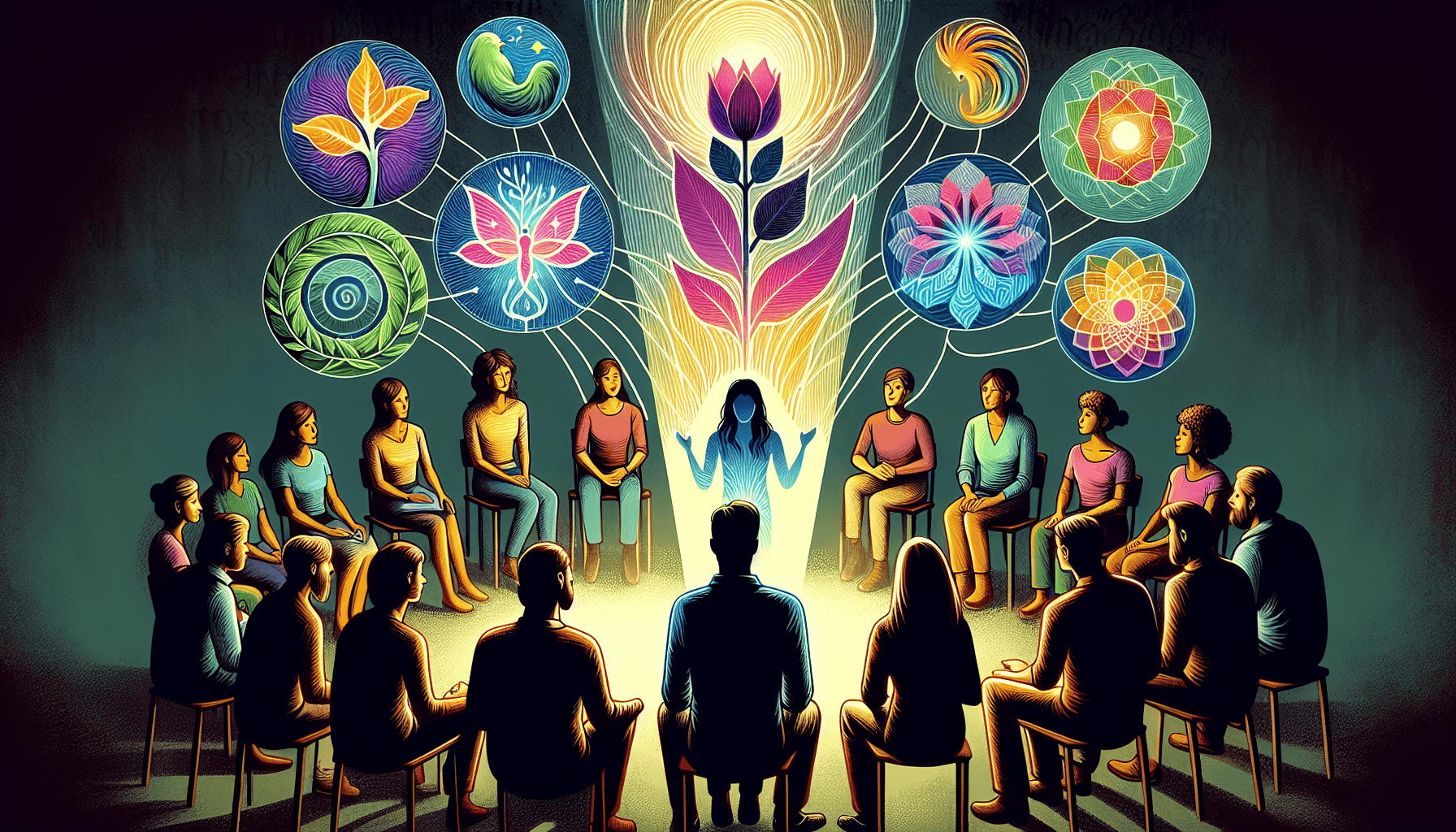 Illustration of individuals learning and growing from transformative stories