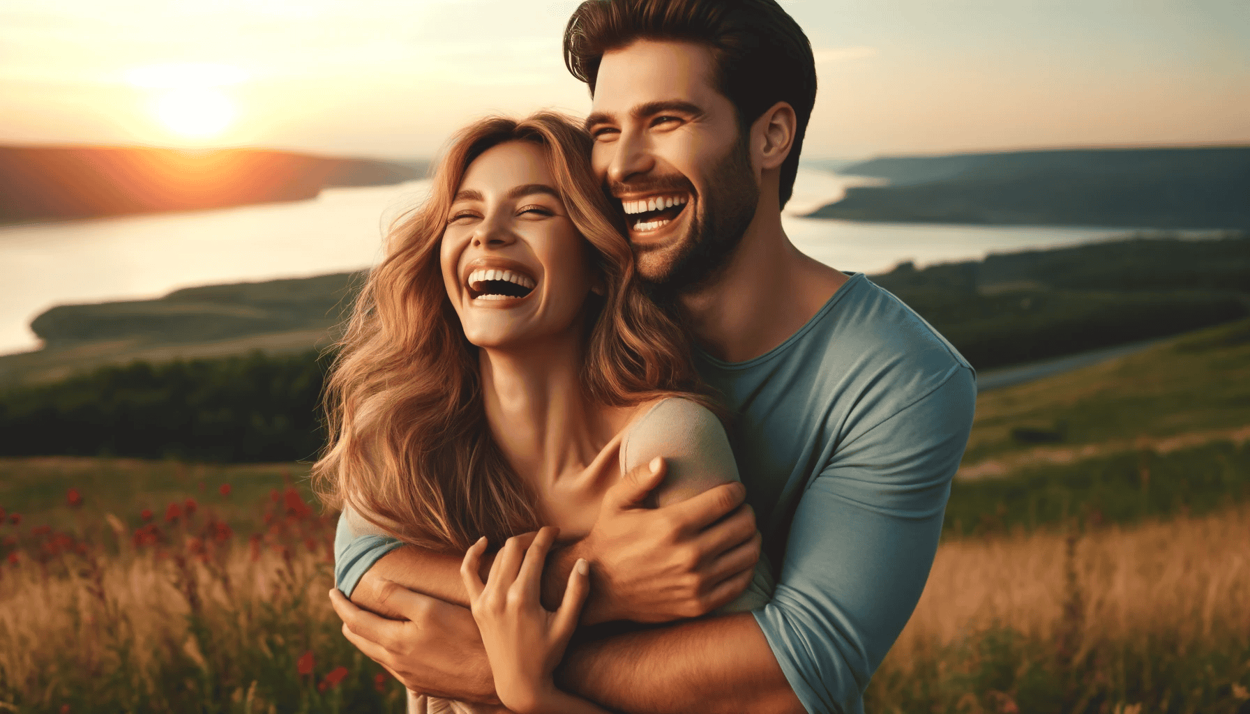 A happy and intimate couple embracing and laughing together
