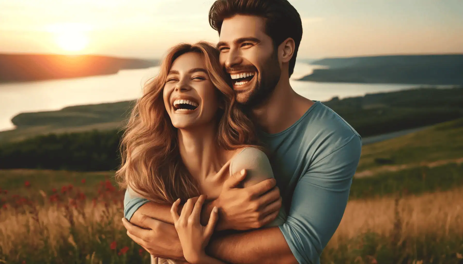 A happy and intimate couple embracing and laughing together 