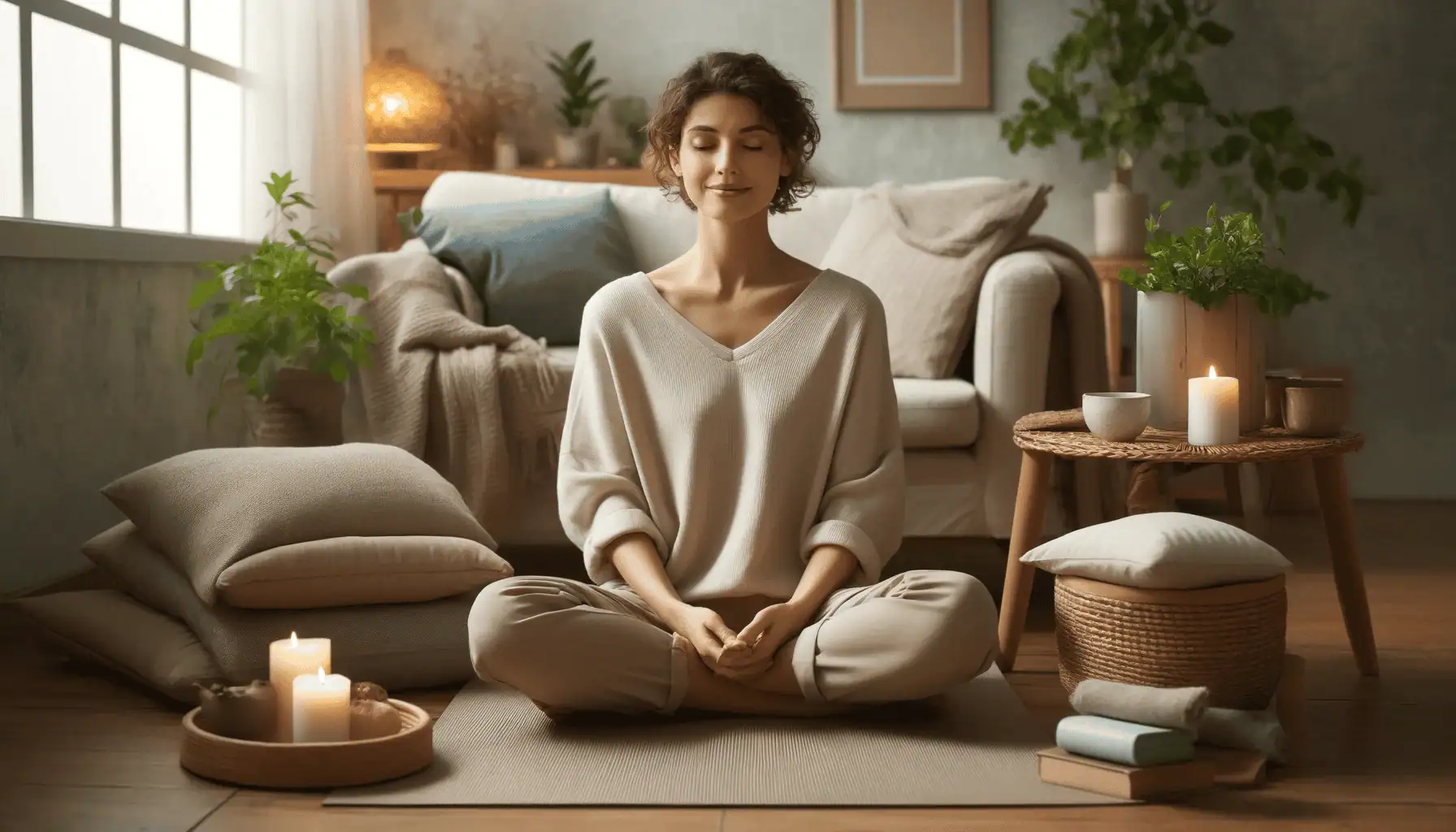 A person sitting peacefully in a serene environment, practicing self-compassion