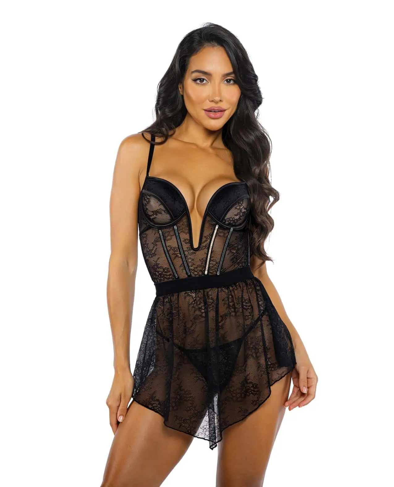 Chantilly Lace and Satin Garter Skirt 3 pc Set – Black SM