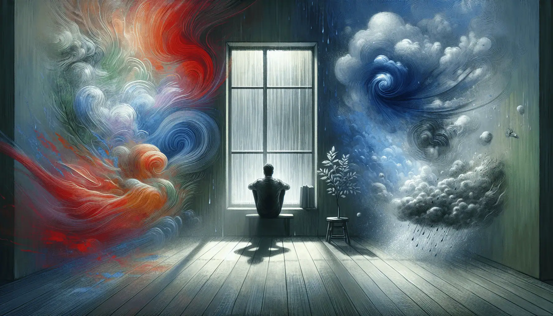 Person sitting alone by the window, surrounded by emotions and thoughts