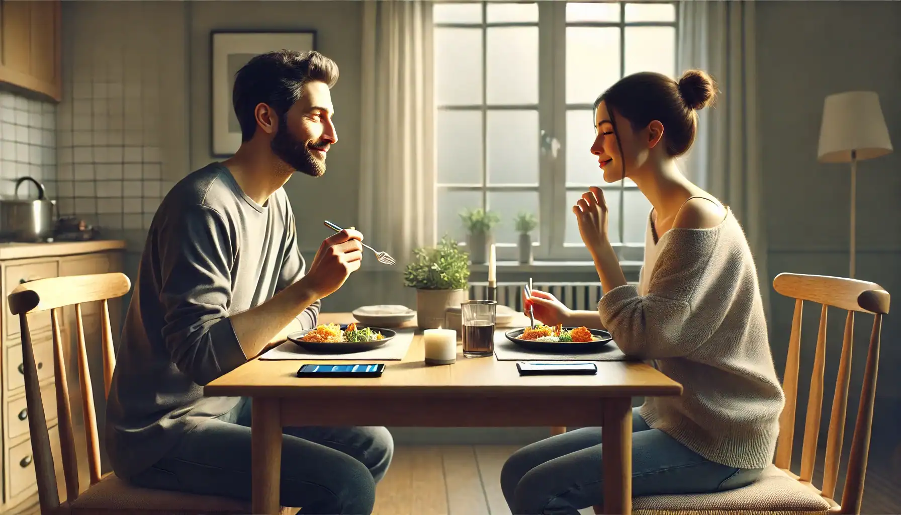 A couple eating togher with their phones down