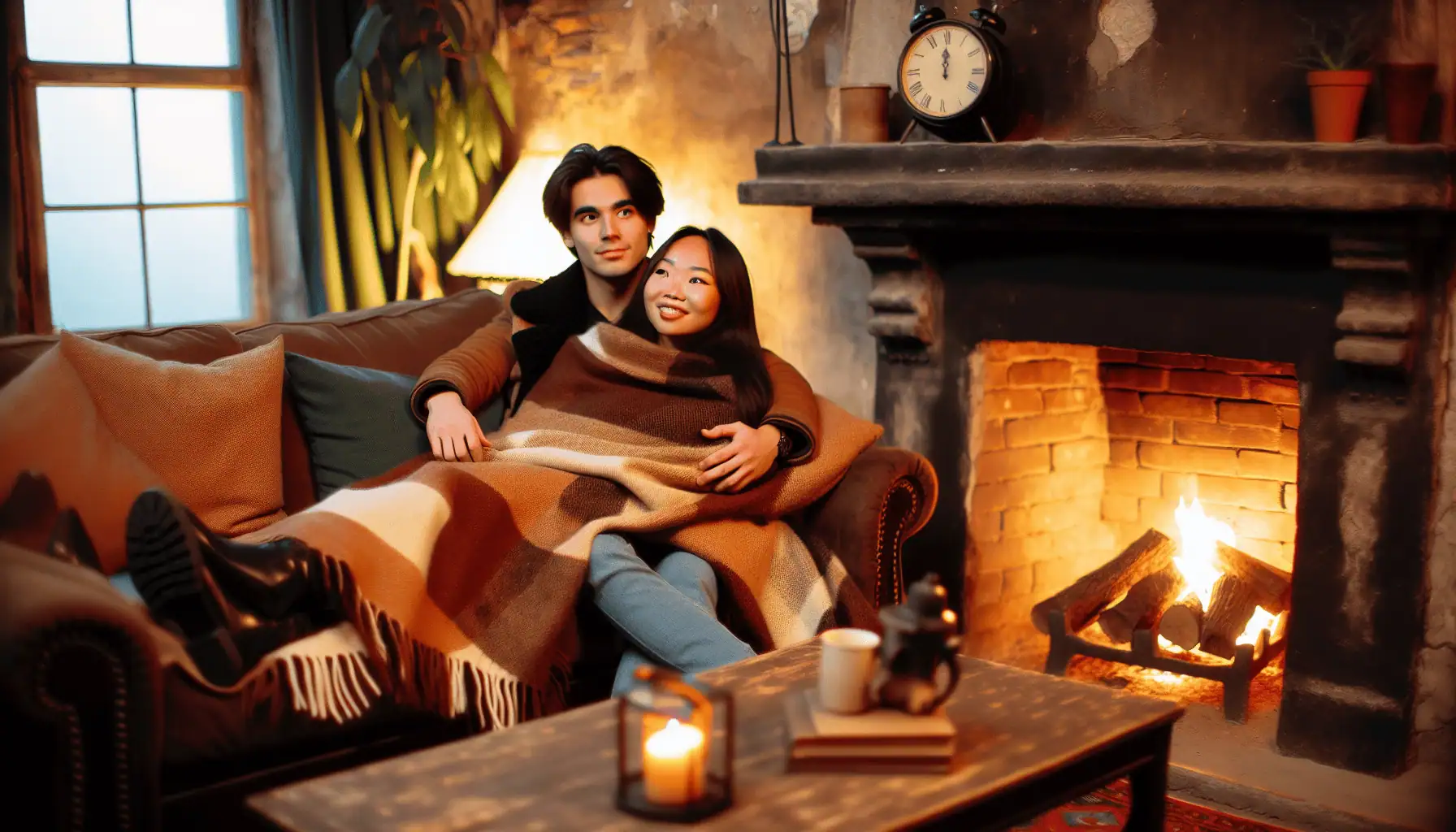 Couple enjoying a cozy evening by the fireplace
