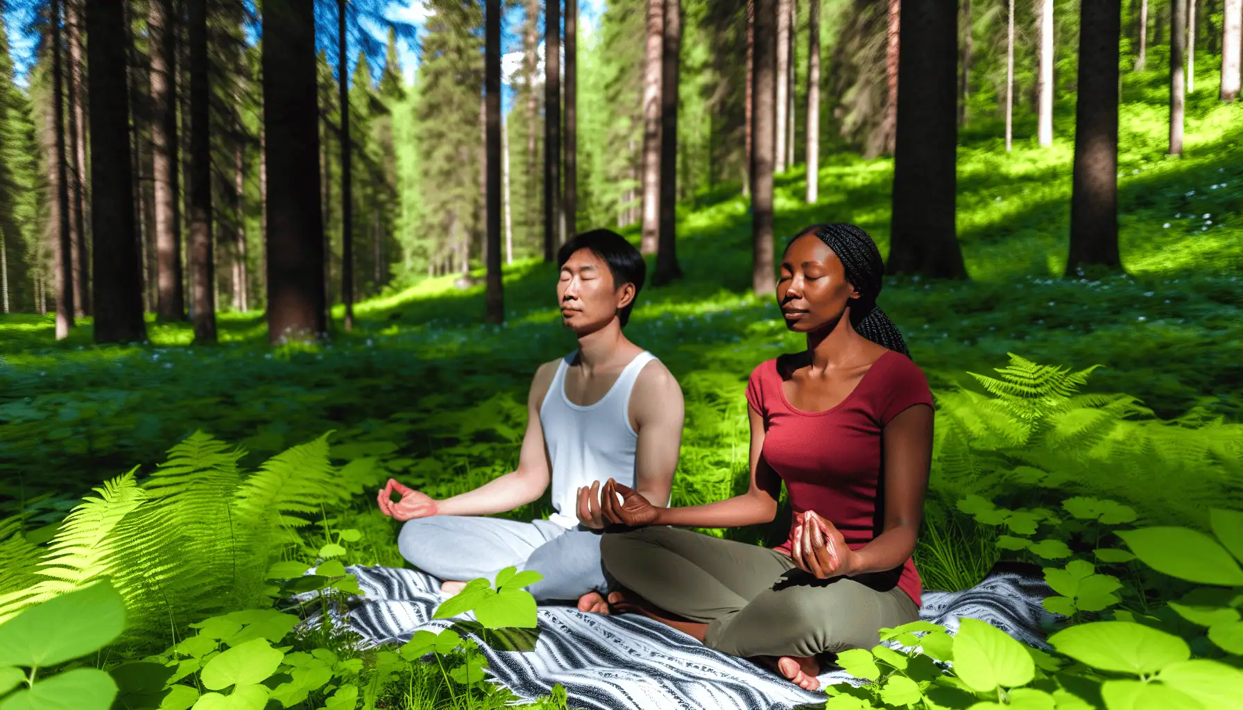 Couple meditating together in a serene natural setting