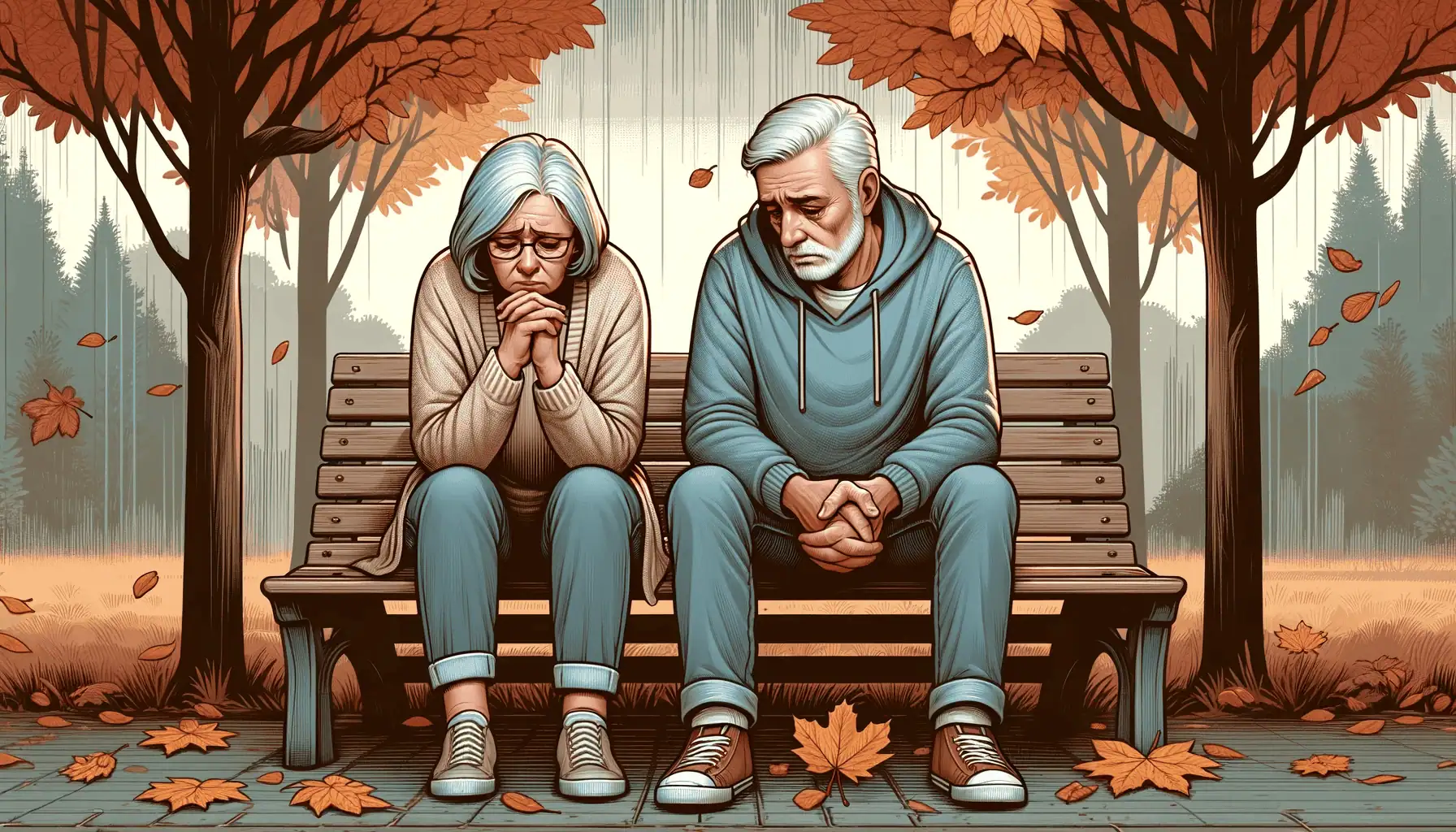 A couple sitting on a park bench, looking sad and contemplative