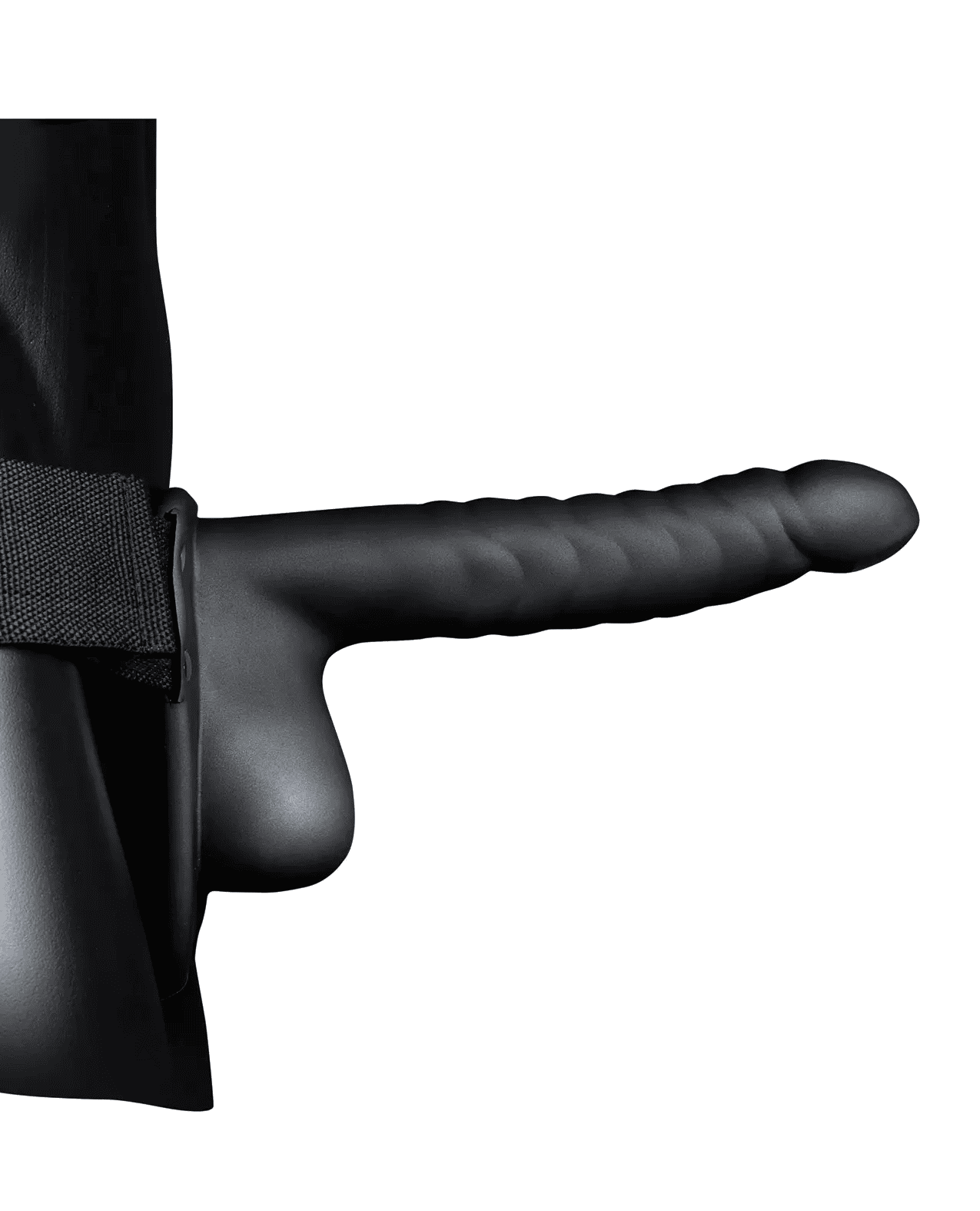 Shots Ouch 8″ Ribbed Hollow Strap On w/Balls – Black