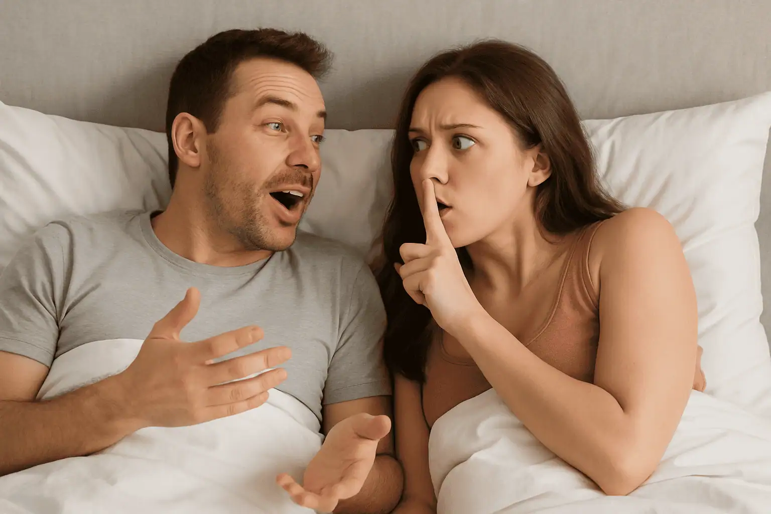 A woman hushing her husband because of outrageous sex laws