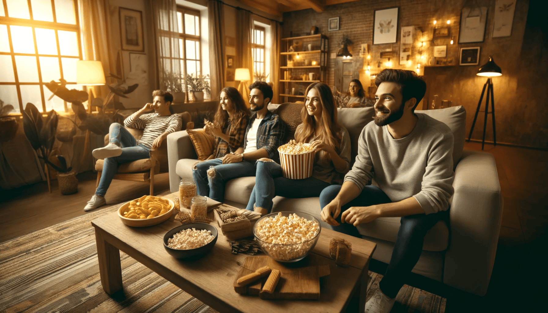 A cozy living room with a group of friends enjoying a movie night