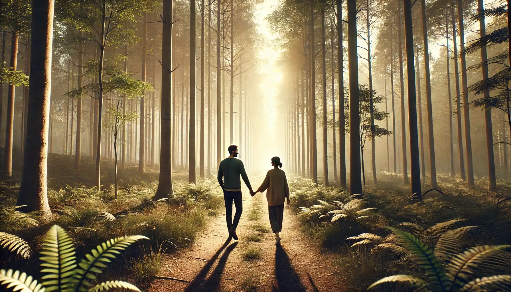 A couple taking a walk in the woods, holding hands and having a meaningful conversation