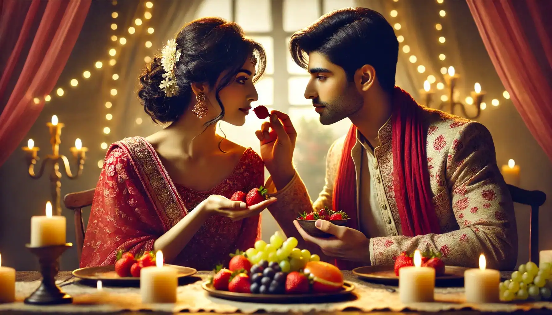 a couple feeding each other fruit