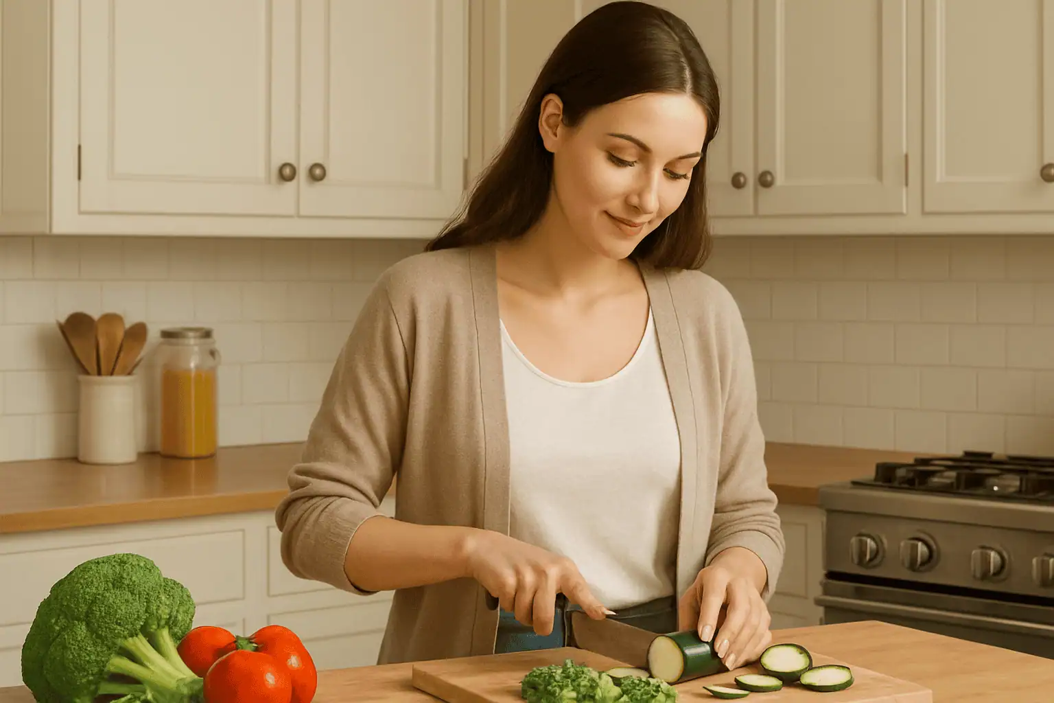 A modern mother is preparing vegetables for her family meal