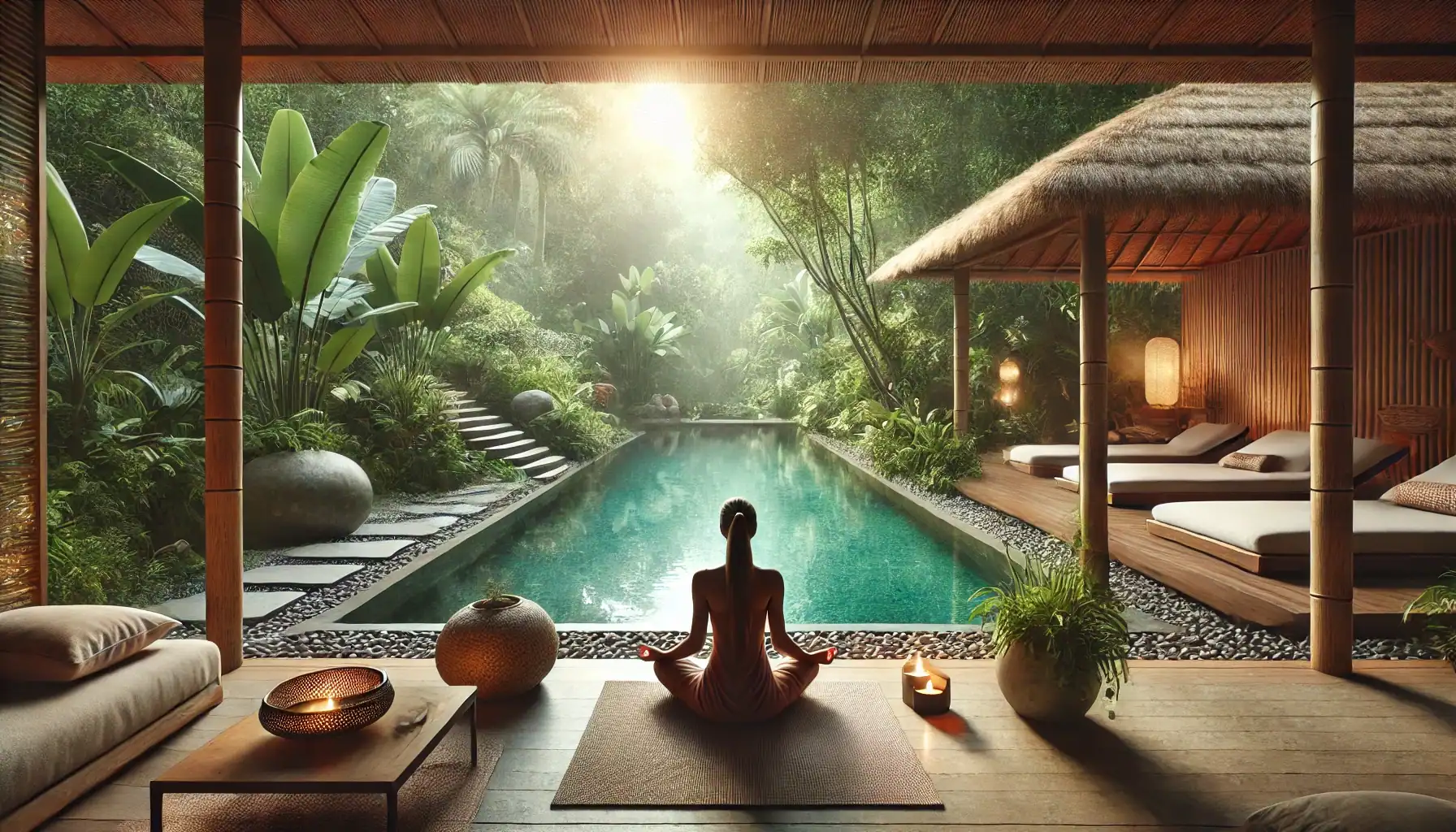 A wellness retreat setting with a person meditating