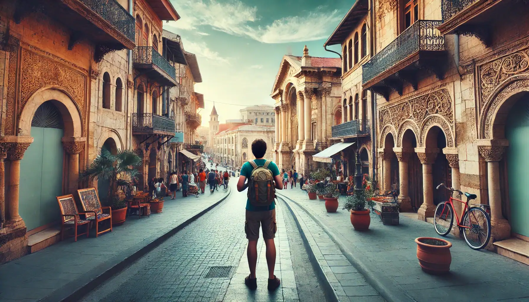 A bustling street in a culturally rich city, with a solo traveler